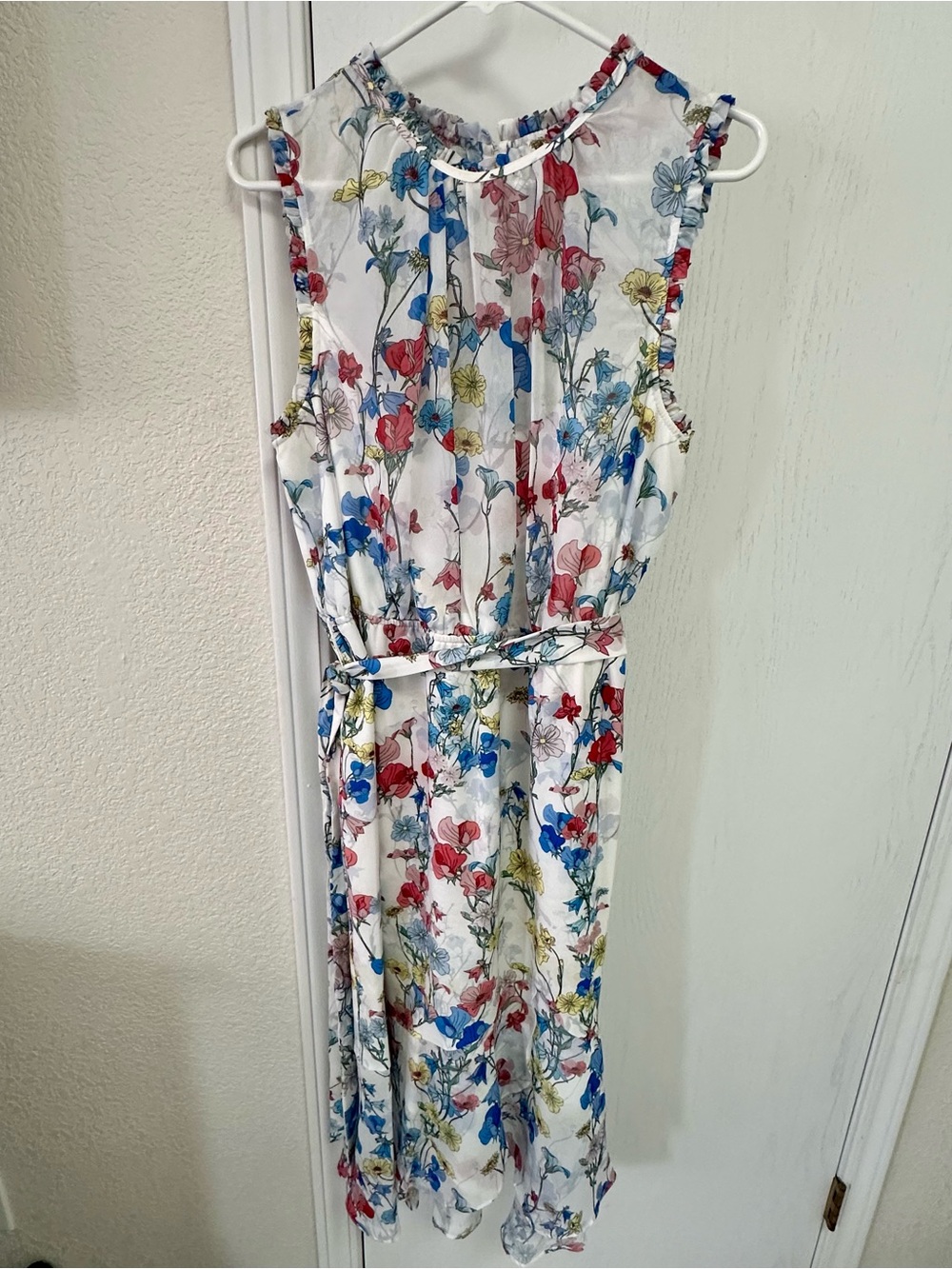 Adrianna Papell Floral Belted Midi Dress with Red, Blue, Yellow Print XL